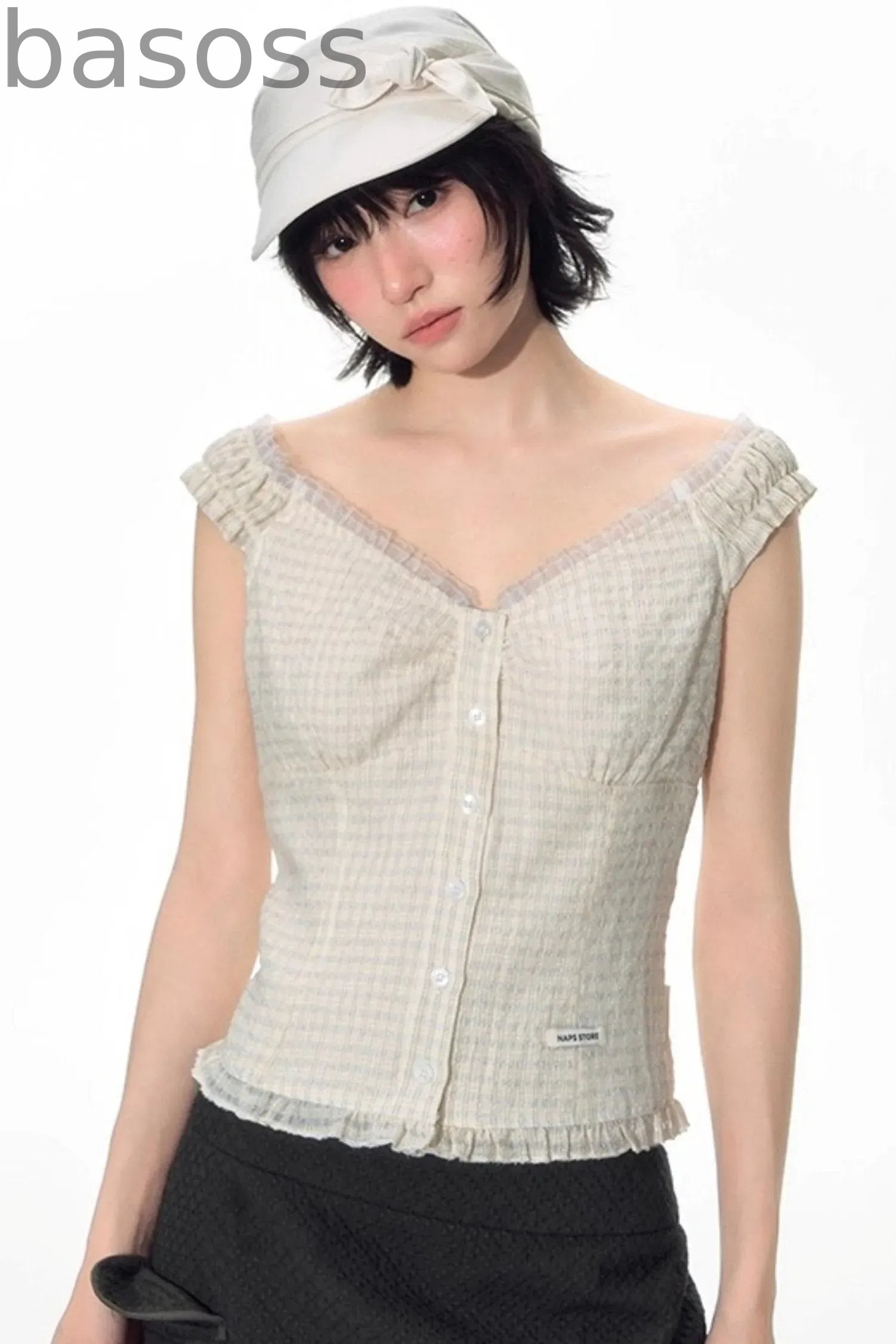Checked Sleeveless One-Shoulder Shirt Set-Up