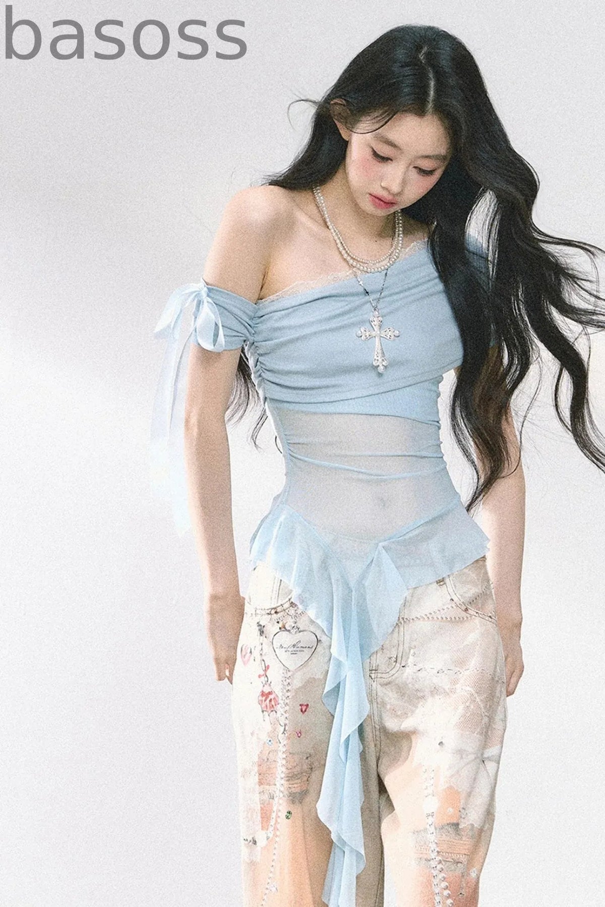 Sheer Mesh Off Shoulder T-Shirt