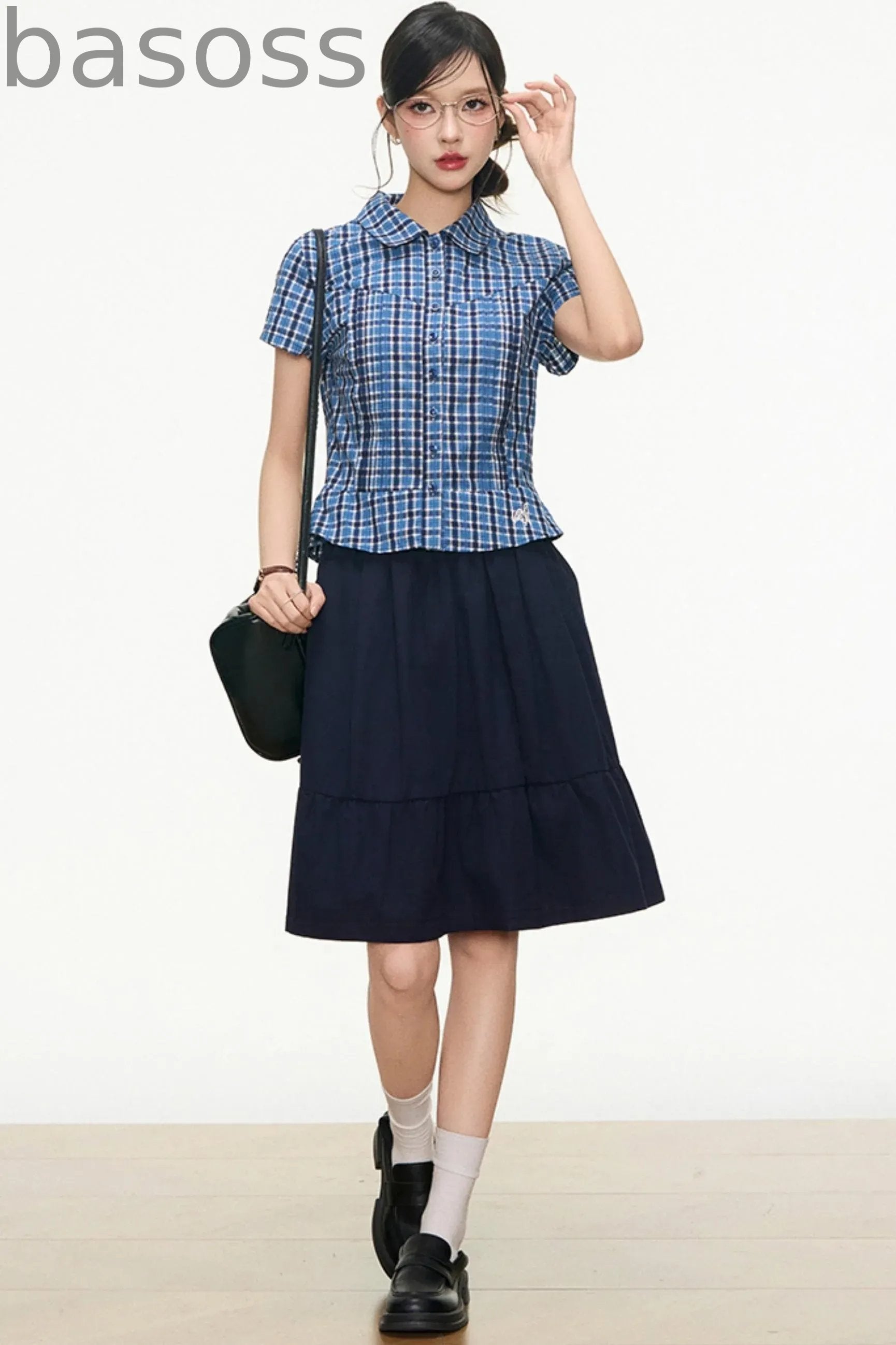 Checked Navy Skirt Shirt Set-Up